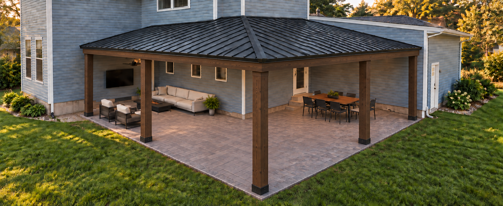 Phase two adds dining furniture and the TV lounge beneath the roof