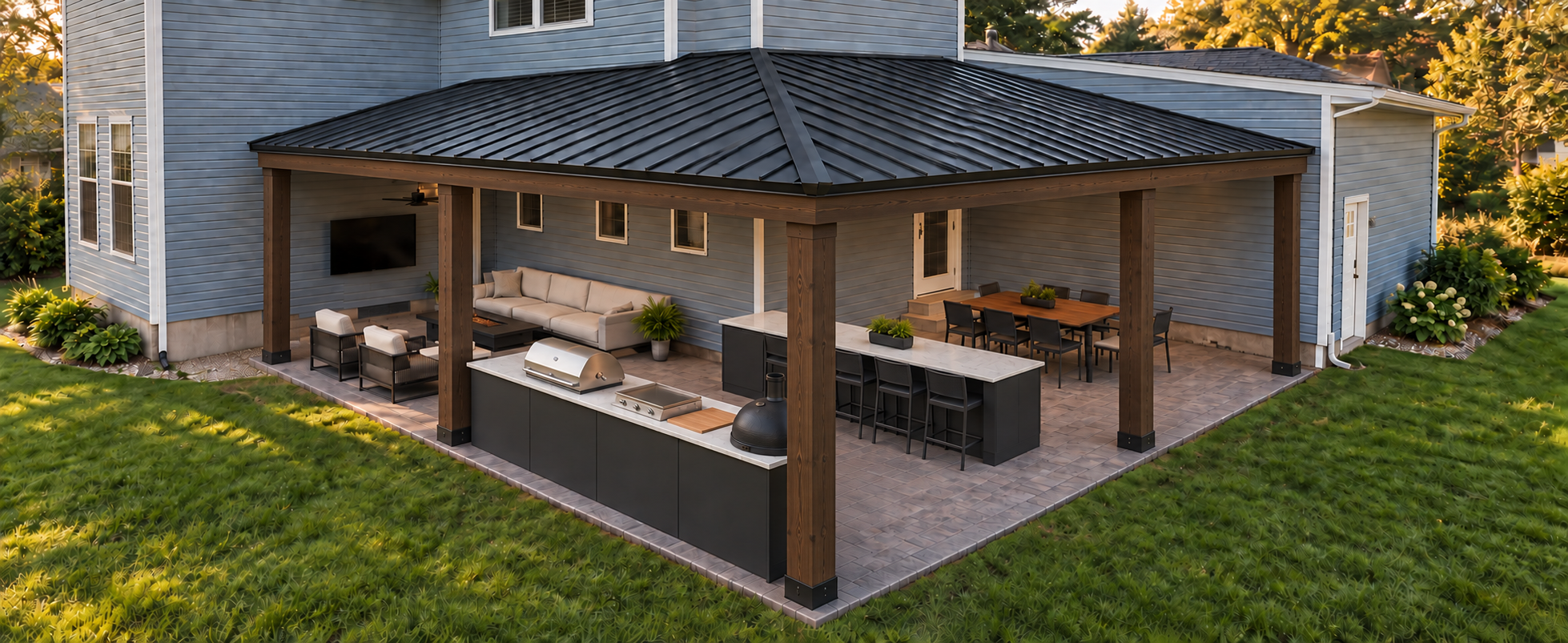 Phase three adds a dark outdoor cooking run and separate island